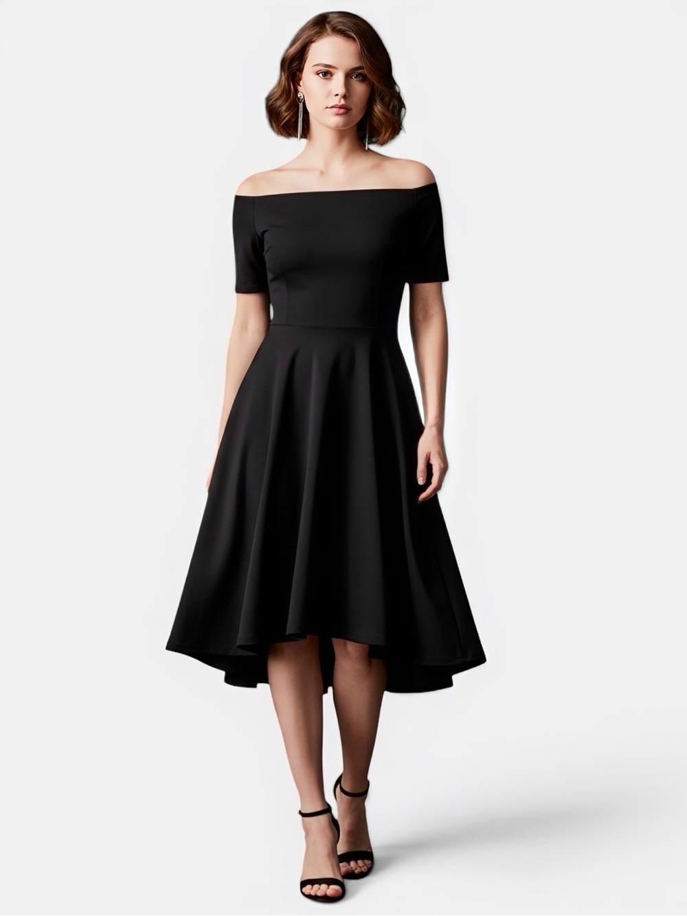 Black Off the Shoulder High Low Fit & Flare Dress Small